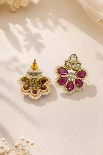 Gold plated ruby kundan pearl floral ethnic wedding jewellery stud earring for women & girls