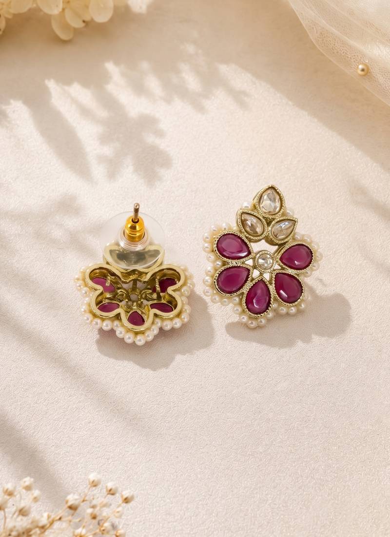 Gold plated ruby kundan pearl floral ethnic wedding jewellery stud earring for women & girls
