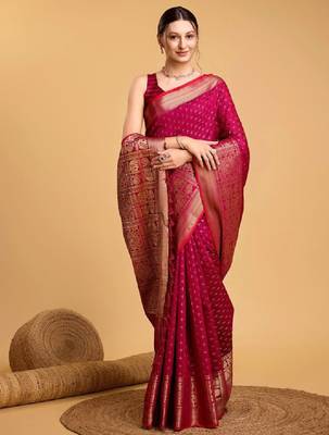 Woven design kanjeevaram zari saree with unstitched blouse piece 3