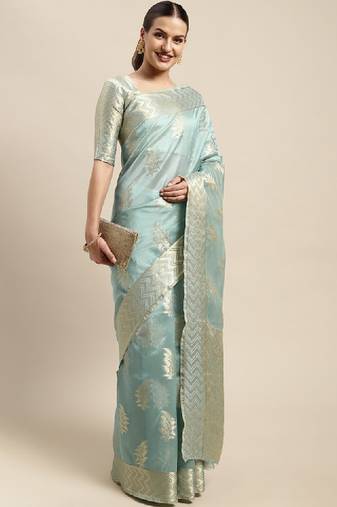 Blue & gold-toned ethnic motifs zari organza kanjeevaram saree