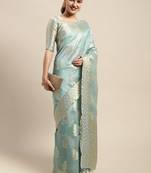 Blue & gold-toned ethnic motifs zari organza kanjeevaram saree