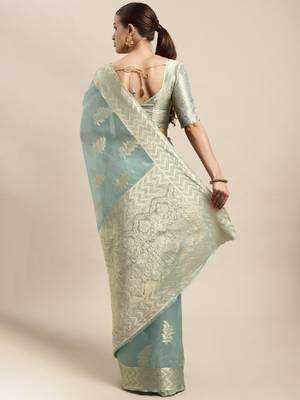 Blue & gold-toned ethnic motifs zari organza kanjeevaram saree 2