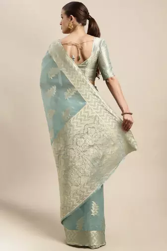 Blue & gold-toned ethnic motifs zari organza kanjeevaram saree