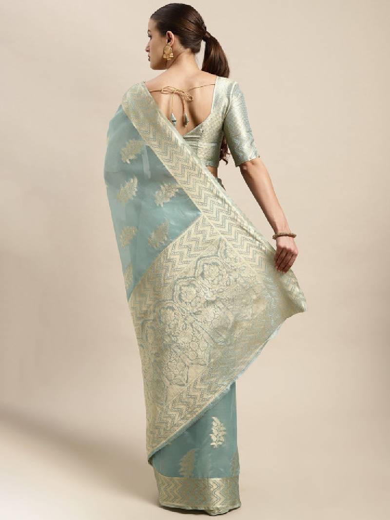 Blue & gold-toned ethnic motifs zari organza kanjeevaram saree