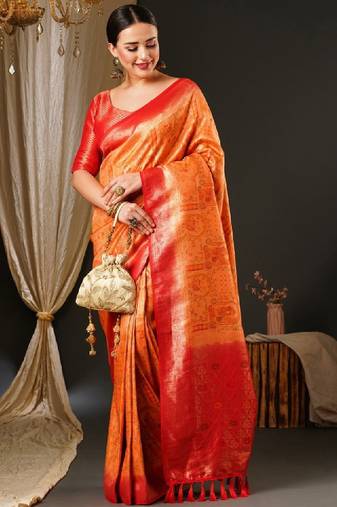 Peach-coloured & red ethnic motifs woven design zari kanjeevaram saree