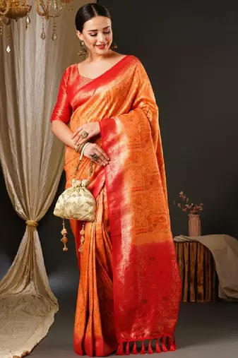 Peach-coloured & red ethnic motifs woven design zari kanjeevaram saree