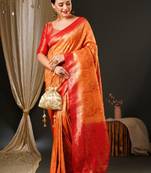 Peach-coloured & red ethnic motifs woven design zari kanjeevaram saree