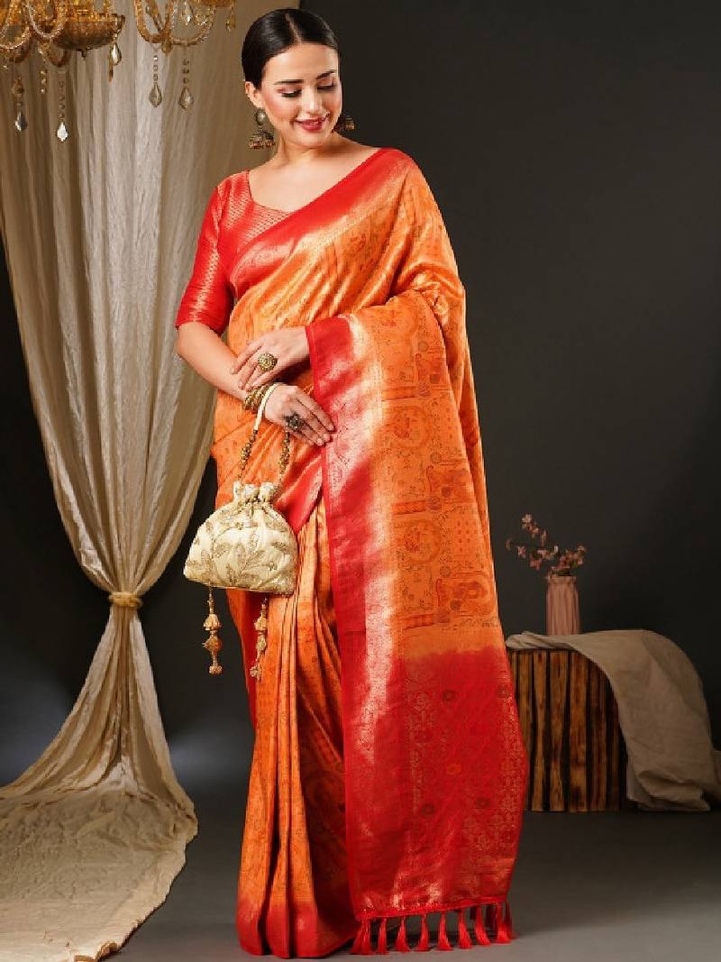 Peach-coloured & red ethnic motifs woven design zari kanjeevaram saree