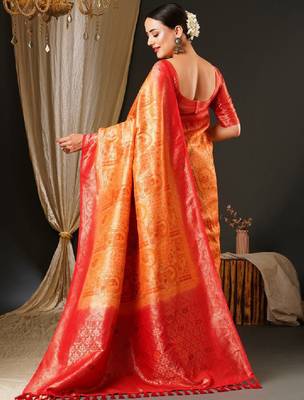 Peach-coloured & red ethnic motifs woven design zari kanjeevaram saree 2