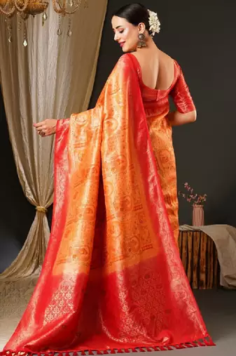 Peach-coloured & red ethnic motifs woven design zari kanjeevaram saree