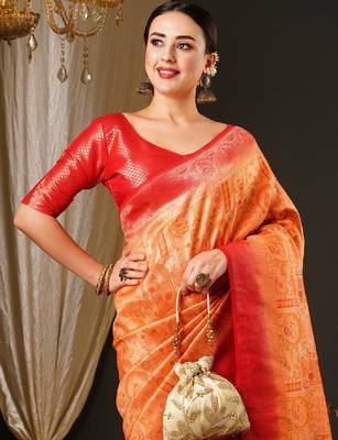 Peach-coloured & red ethnic motifs woven design zari kanjeevaram saree 3