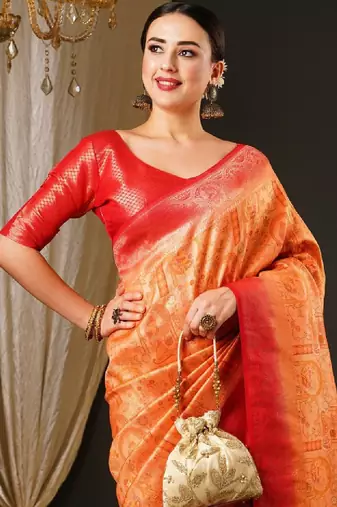 Peach-coloured & red ethnic motifs woven design zari kanjeevaram saree