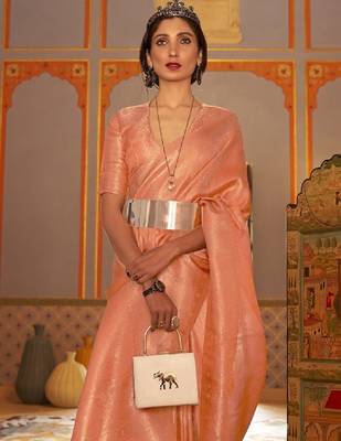 Peach-coloured & gold-toned floral zari kanjeevaram saree 1