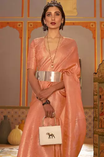 Peach-coloured & gold-toned floral zari kanjeevaram saree