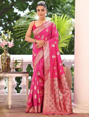 Women ethnic motifs printed zari traditional kanjeevaram saree 1