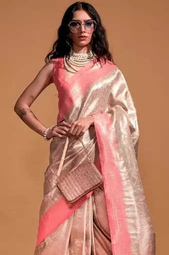 Cream paisley zari woven design kanjeevaram saree