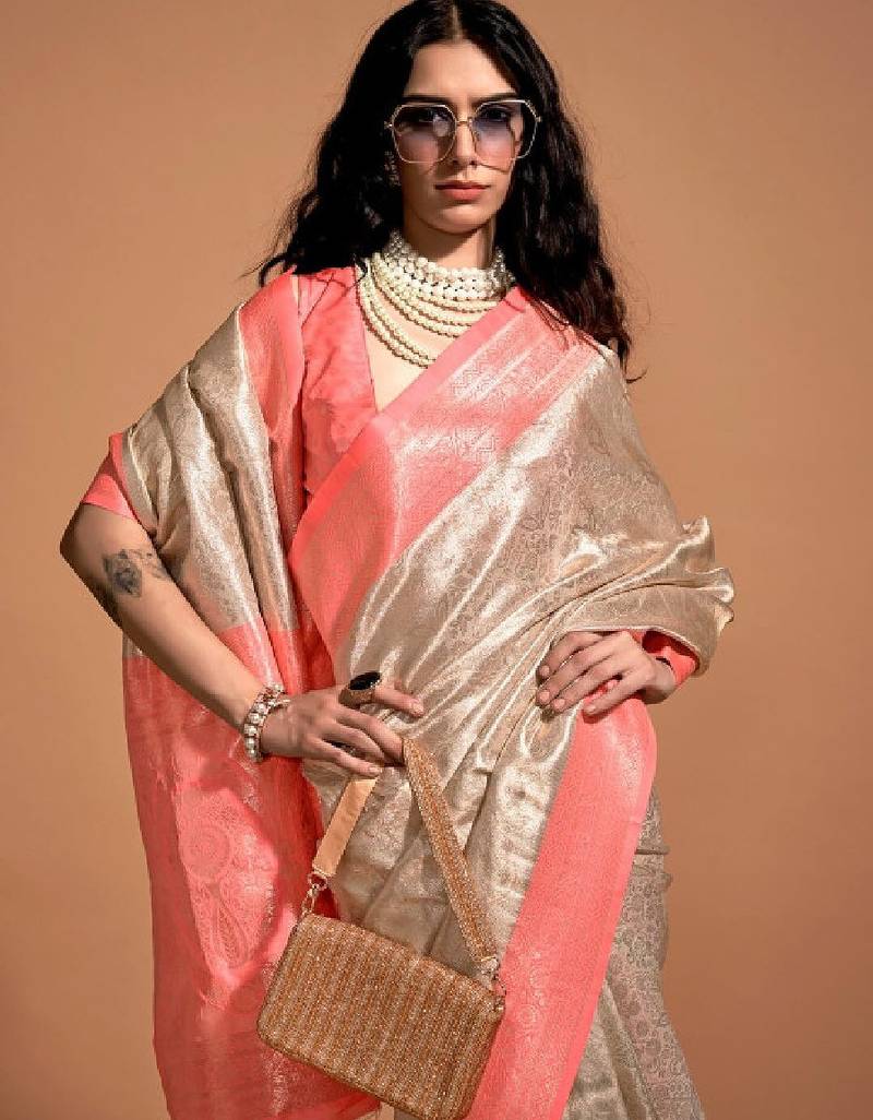 Cream paisley zari woven design kanjeevaram saree