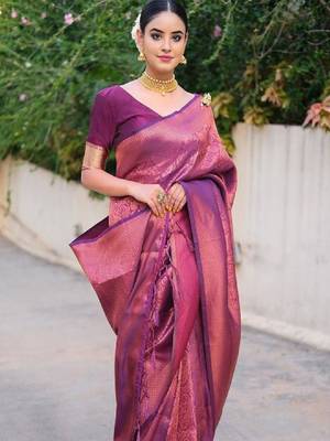 Ethnic motifs woven design zari art silk kanjeevaram saree 2