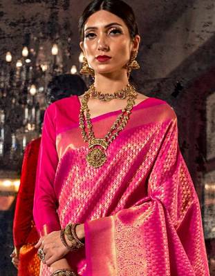 Pink & golden ethnic motifs zari silk blend kanjeevaram saree 1