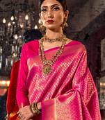 Pink & golden ethnic motifs zari silk blend kanjeevaram saree