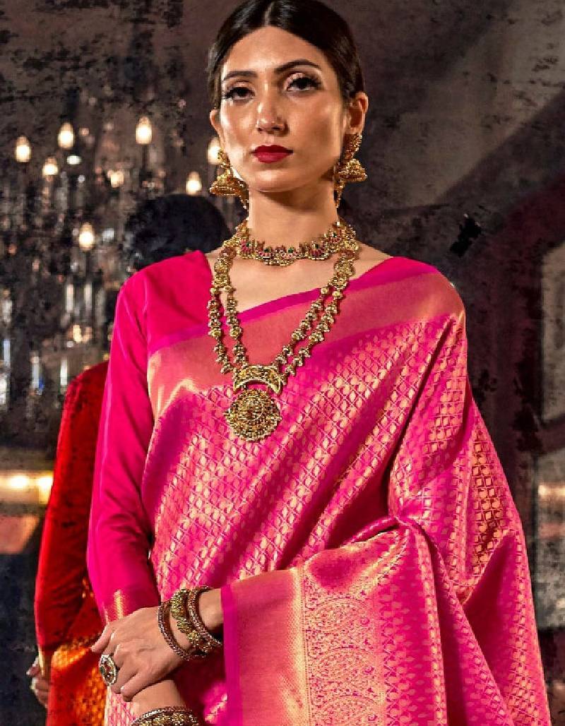Pink & golden ethnic motifs zari silk blend kanjeevaram saree
