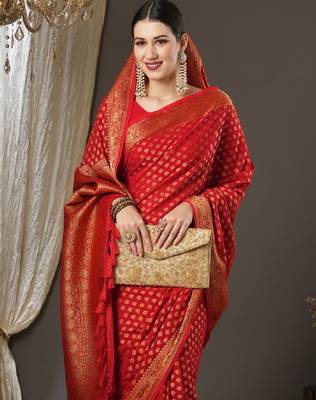 Ethnic motifs woven design zari poly georgette kanjeevaram sarees 3