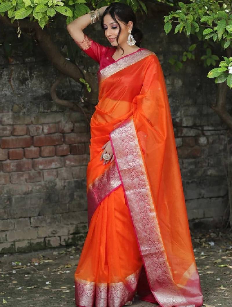 Solid zari organza kanjeevaram saree