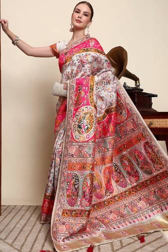 Colourblocked chikankari art silk designer kanjeevaram saree