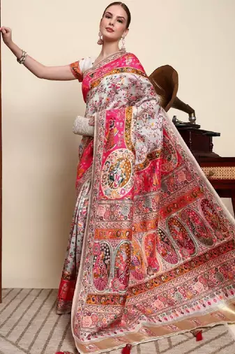 Colourblocked chikankari art silk designer kanjeevaram saree