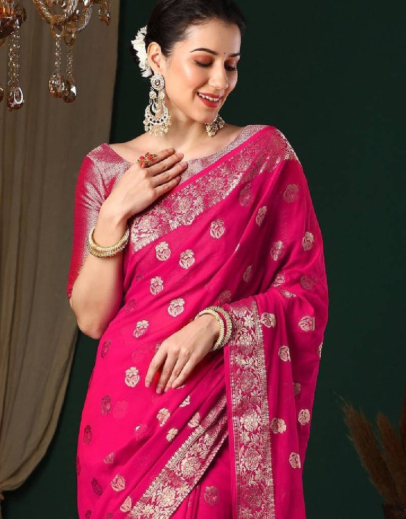 Ethnic motifs woven design zari pure georgette kanjeevaram saree