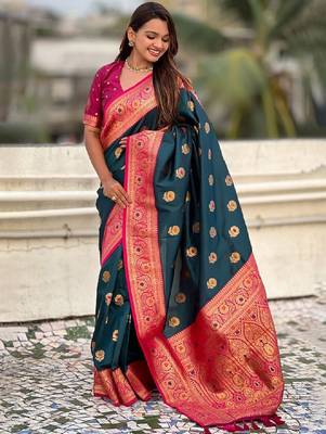 Ethnic motifs woven design zari kanjeevaram saree 1