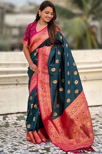 Ethnic motifs woven design zari kanjeevaram saree