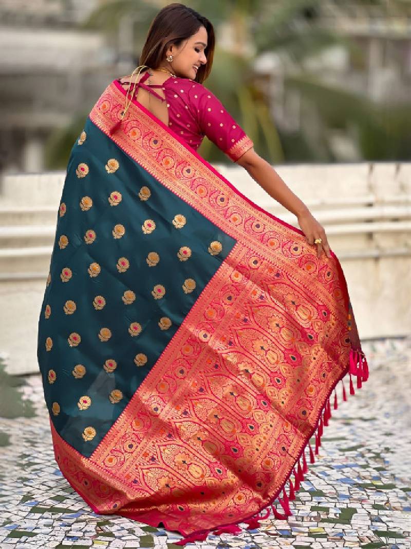 Ethnic motifs woven design zari kanjeevaram saree