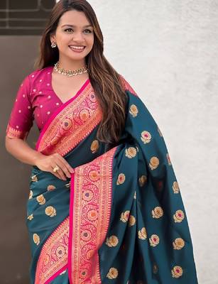 Ethnic motifs woven design zari kanjeevaram saree 3