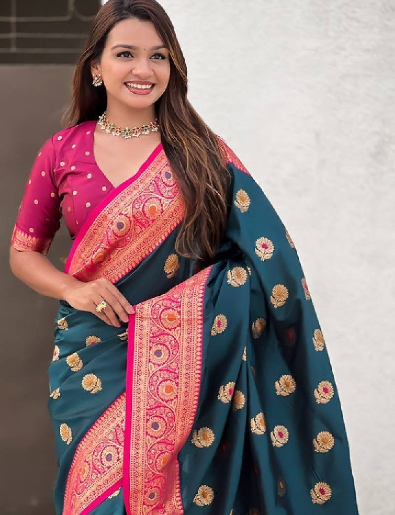 Ethnic motifs woven design zari kanjeevaram saree