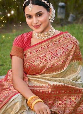 Ethnic motifs zari silk blend kanjeevaram saree 1