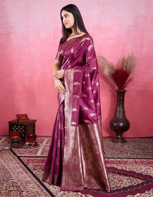 Women purple ethnic motifs zari kanjeevaram saree with blouse piece 1