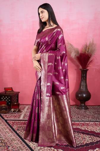 Women purple ethnic motifs zari kanjeevaram saree with blouse piece