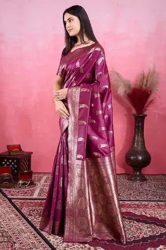 Women purple ethnic motifs zari kanjeevaram saree with blouse piece