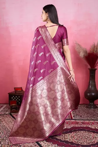 Women purple ethnic motifs zari kanjeevaram saree with blouse piece