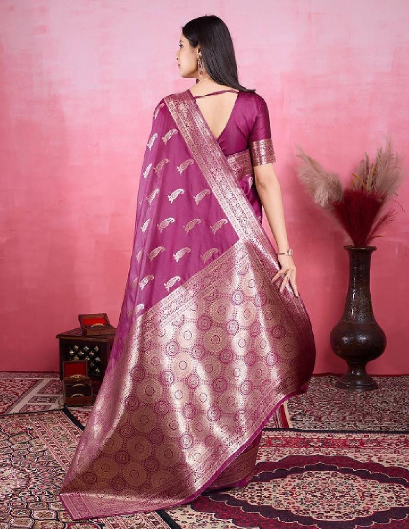 Women purple ethnic motifs zari kanjeevaram saree with blouse piece
