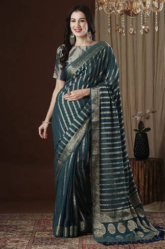 Zari woven striped pure georgette kanjeevaram saree