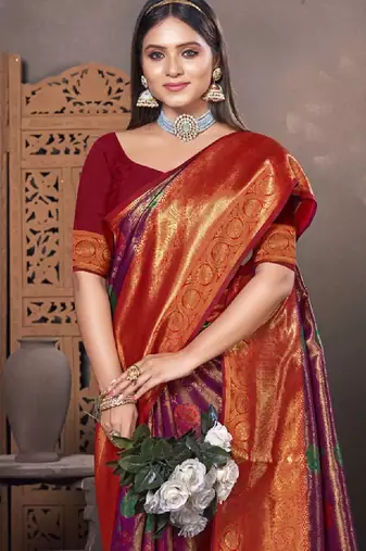 Ethnic motifs woven design zari traditional banarasi saree