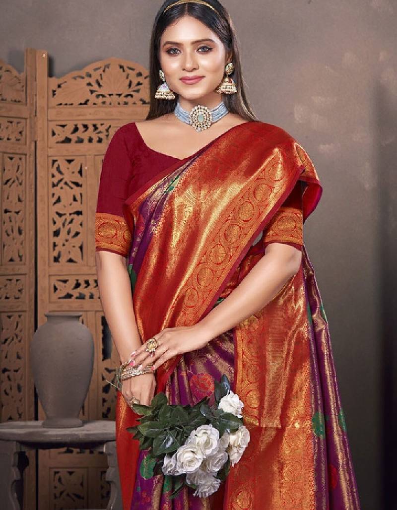 Ethnic motifs woven design zari traditional banarasi saree