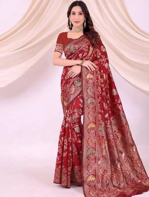 Ethnic motifs zari silk blend heavy work kanjeevaram saree 1