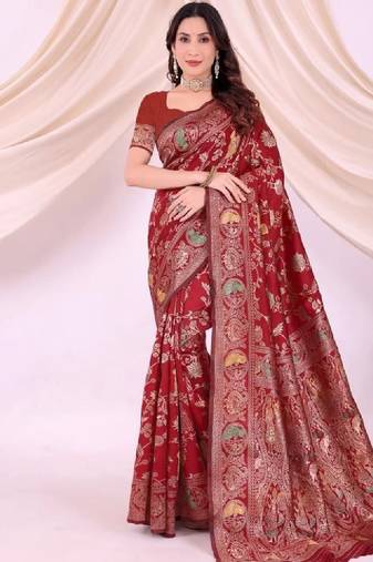 Ethnic motifs zari silk blend heavy work kanjeevaram saree