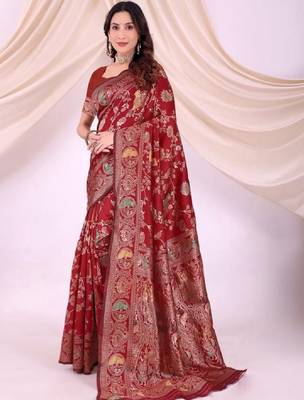 Ethnic motifs zari silk blend heavy work kanjeevaram saree 2