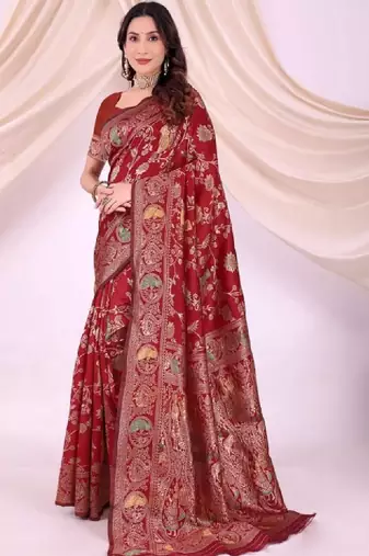 Ethnic motifs zari silk blend heavy work kanjeevaram saree
