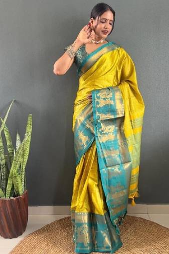 Ethnic motifs woven design zari kanjeevaram silk saree