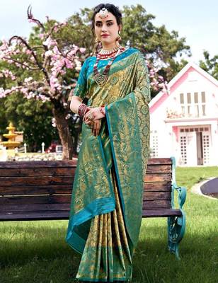 Turquoise blue & green ethnic motifs woven design zari kanjivaram saree 1